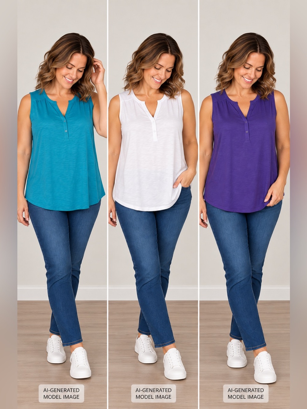 Ricki's Sleeveless Henley Tank Trio - Teal, White, Purple